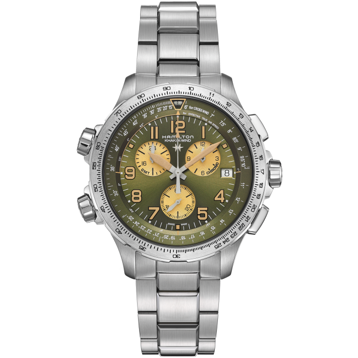 Khaki Aviation X Wind GMT Chrono Quartz KLEUR WIJZERPLAAT Groen H77932160 Hamilton Watch